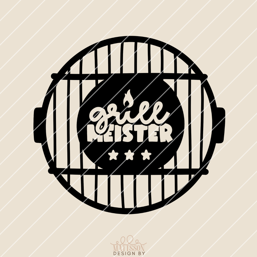 Kreatives Design mit dem Wort "grill MEISTER" in einer stilisierten Grill-Illustration, perfekt für T-Shirts und Schilder. Entworfen von easy-sticks, Teil der Plotterdatei Grillen.