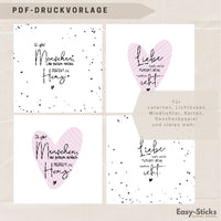 Bezaubernde PDF Druckvorlage von Easy-Sticks für Laternen und Lichtboxen mit Herzen und liebevollen Sprüchen. Ideal für kreative DIY Geschenke und Dekorationen.