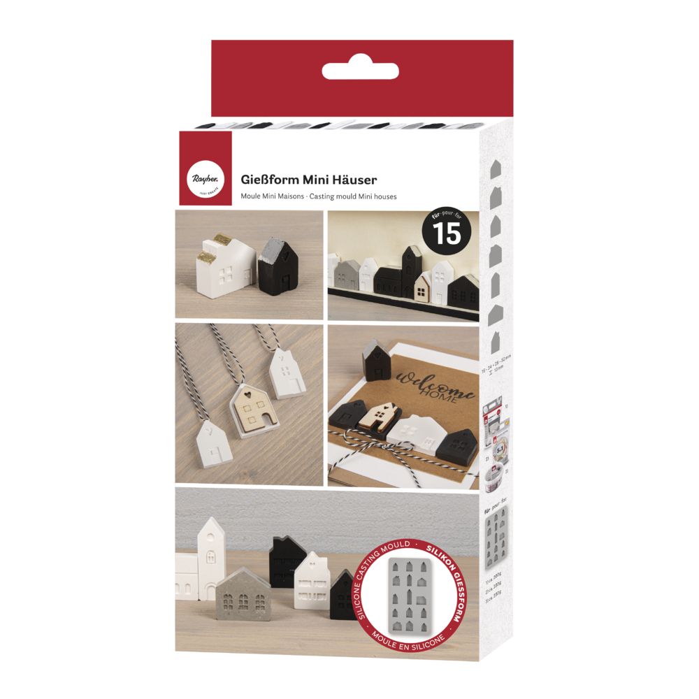 Verpackung der Silikon Gießform Mini Häuser von easy-sticks mit 15 unterschiedlichen Mini-Häuschen in verschiedenen Farben, perfekt zur Dekoration und für kreative DIY-Projekte.