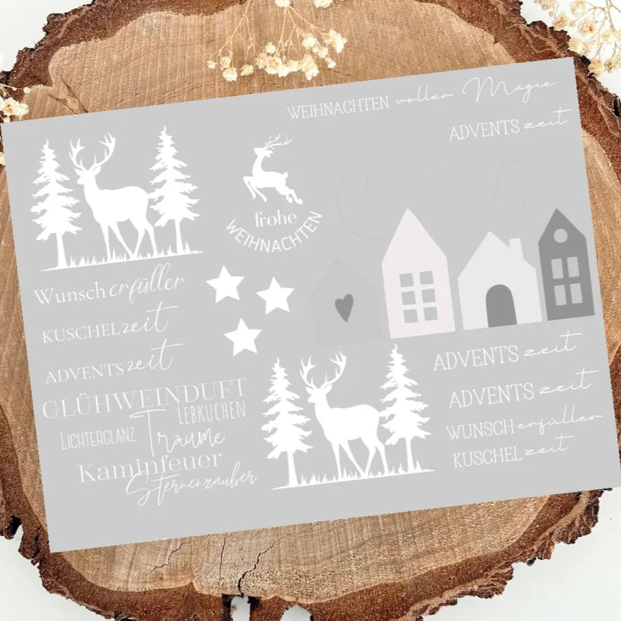 Weihnachten Hirsch Haus Sticker Randlos A5 – Hochauflösender Rub On UV Aufkleber, Wetterfest & Kratzfest Wunscherfüller KuschelzeitGlühweinduft Adventszeit