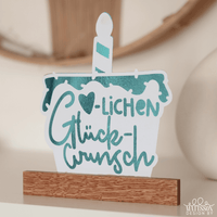 Dekorativer Kuchenständer mit Aufschrift 'Herzlichen Glückwunsch Kuchen' von easy-sticks, ideal für persönliche Feierlichkeiten.
