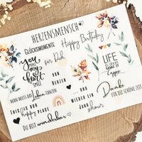 Rub on UV Sticker randlos Mix3 A5 von easy-sticks mit kreativen Schriftzügen und floralen Motiven für DIY-Projekte, ideal für persönliche Geschenke.