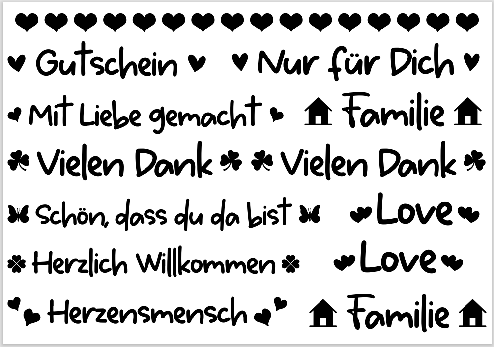 Easy-Sticks Rub Ons A5 in schwarz und weiß mit liebevollen Sprüchen und Symbolen, ideal für kreative DIY Projekte von easy-sticks.