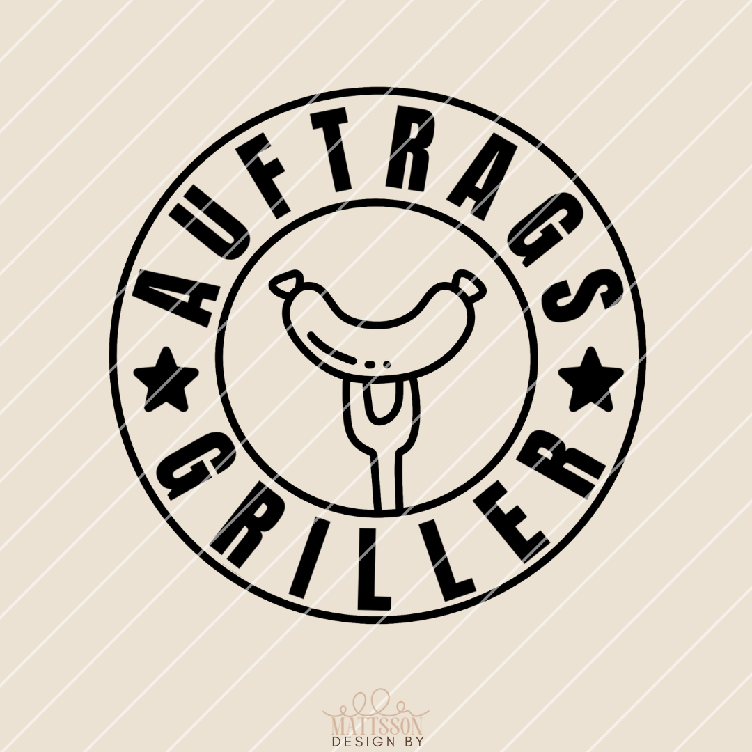 Grafik der Plotterdatei 'Auftragsgriller' mit einer Grillgabel und Wurst, entworfen von easy-sticks, ideal für kreative Anwendungen beim Grillen.