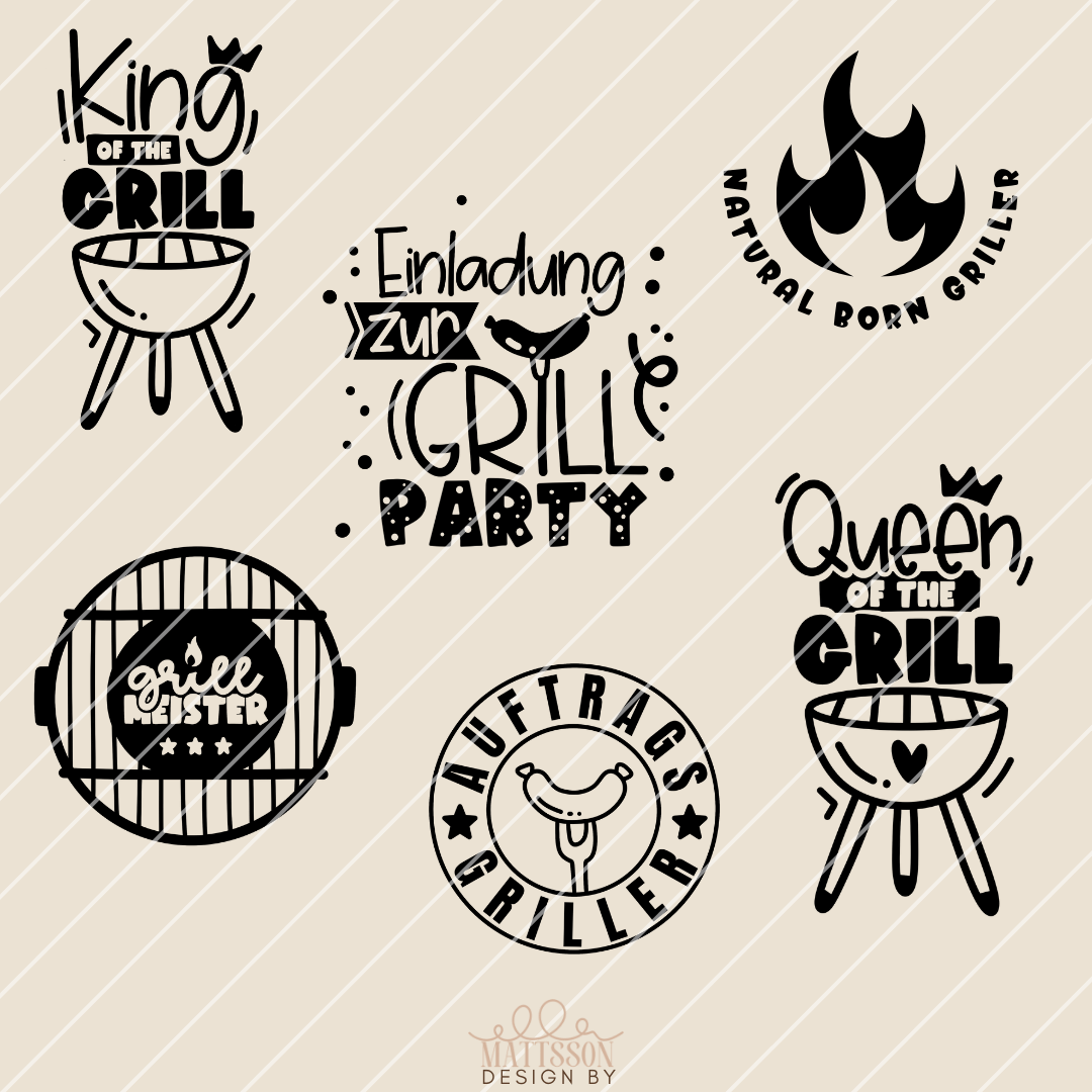 Kreative Grill Plotter Dateien von easy-sticks im Bundle: Designs wie "King of the Grill", "Queen of the Grill" und "Einladung zur Grillparty" für beeindruckende BBQ-Projekte.