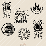 Kreative Grill Plotter Dateien von easy-sticks im Bundle: Designs wie "King of the Grill", "Queen of the Grill" und "Einladung zur Grillparty" für beeindruckende BBQ-Projekte.