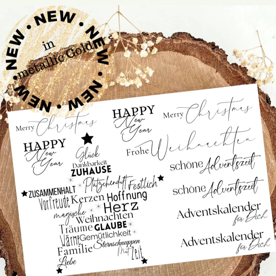 Goldene Randlose Rub On UV Sticker von easy-sticks in metallic Gold für Weihnachtsprojekte. Enthält verschiedene festliche Sprüche und Motive wie „Frohe Weihnachten“ und „Happy New Year“, ideal für kreative DIY Projekte.