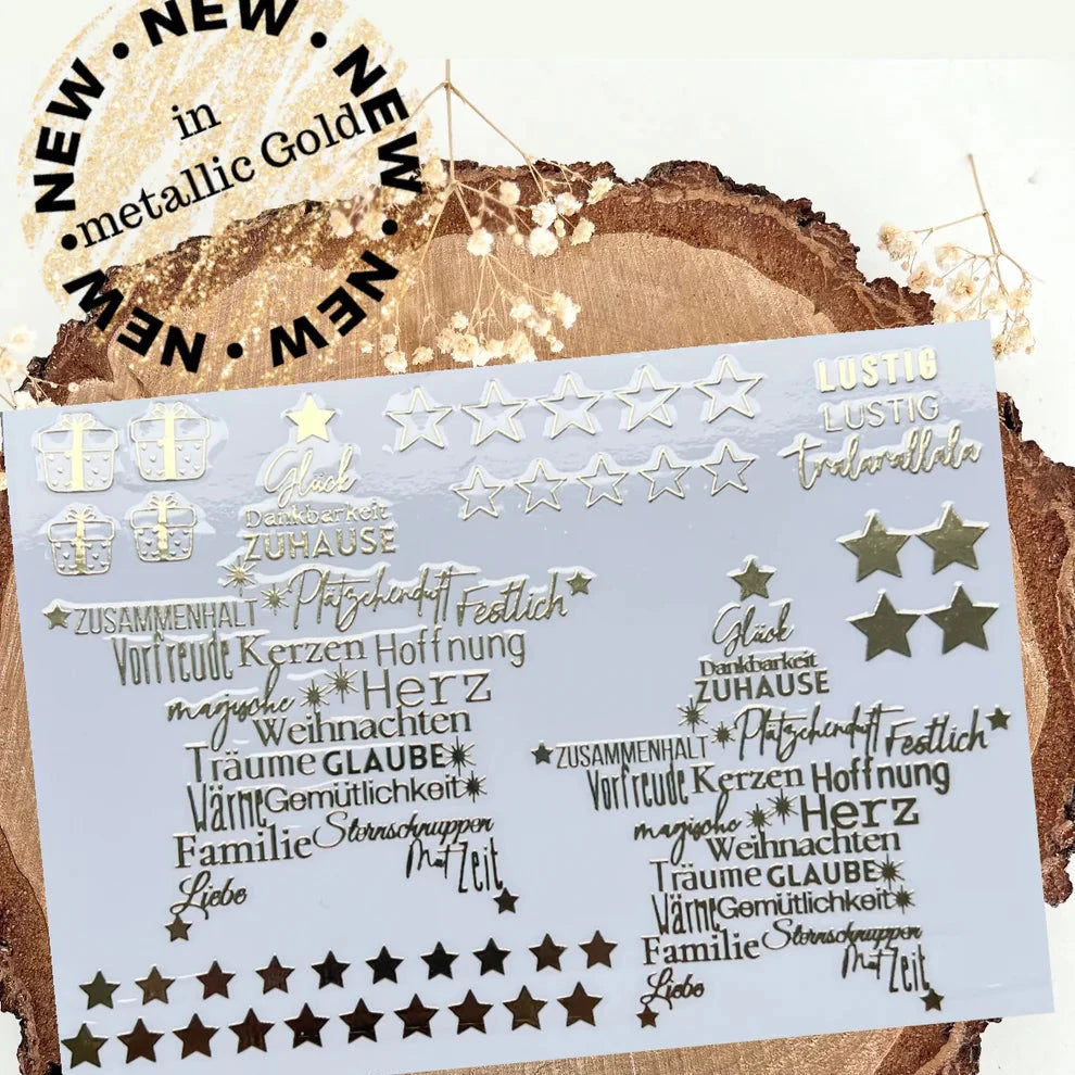 Goldene Weihnachts Aufkleber Rub On von easy-sticks: Hochauflösende, wetterfeste und UV-beständige Sticker mit festlichen Motiven, Sternen und Texten auf einem klaren Hintergrund, ideal für kreative Weihnachtsprojekte.