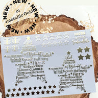 Goldene Weihnachts Aufkleber Rub On von easy-sticks: Hochauflösende, wetterfeste und UV-beständige Sticker mit festlichen Motiven, Sternen und Texten auf einem klaren Hintergrund, ideal für kreative Weihnachtsprojekte.