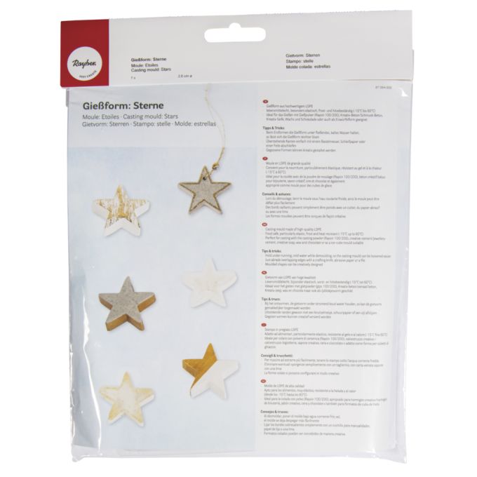 Verpackung der Gießform Sterne von easy-sticks, die detaillierte Anweisungen und verschiedene Verwendungsmöglichkeiten für das Selbergießen zeigt.