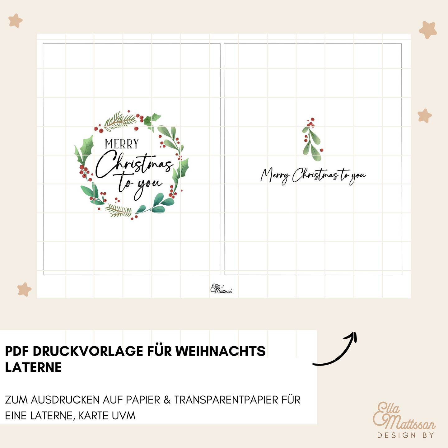 PDF Druckvorlage für Weihnachts Laterne von easy-sticks mit dem Design 'Merry Christmas to you', dekoriert mit Tannenzweigen und roten Beeren, ideal zum Basteln für Weihnachtsdekoration oder Geschenke.