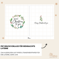 PDF Druckvorlage für Weihnachts Laterne von easy-sticks mit dem Design 'Merry Christmas to you', dekoriert mit Tannenzweigen und roten Beeren, ideal zum Basteln für Weihnachtsdekoration oder Geschenke.
