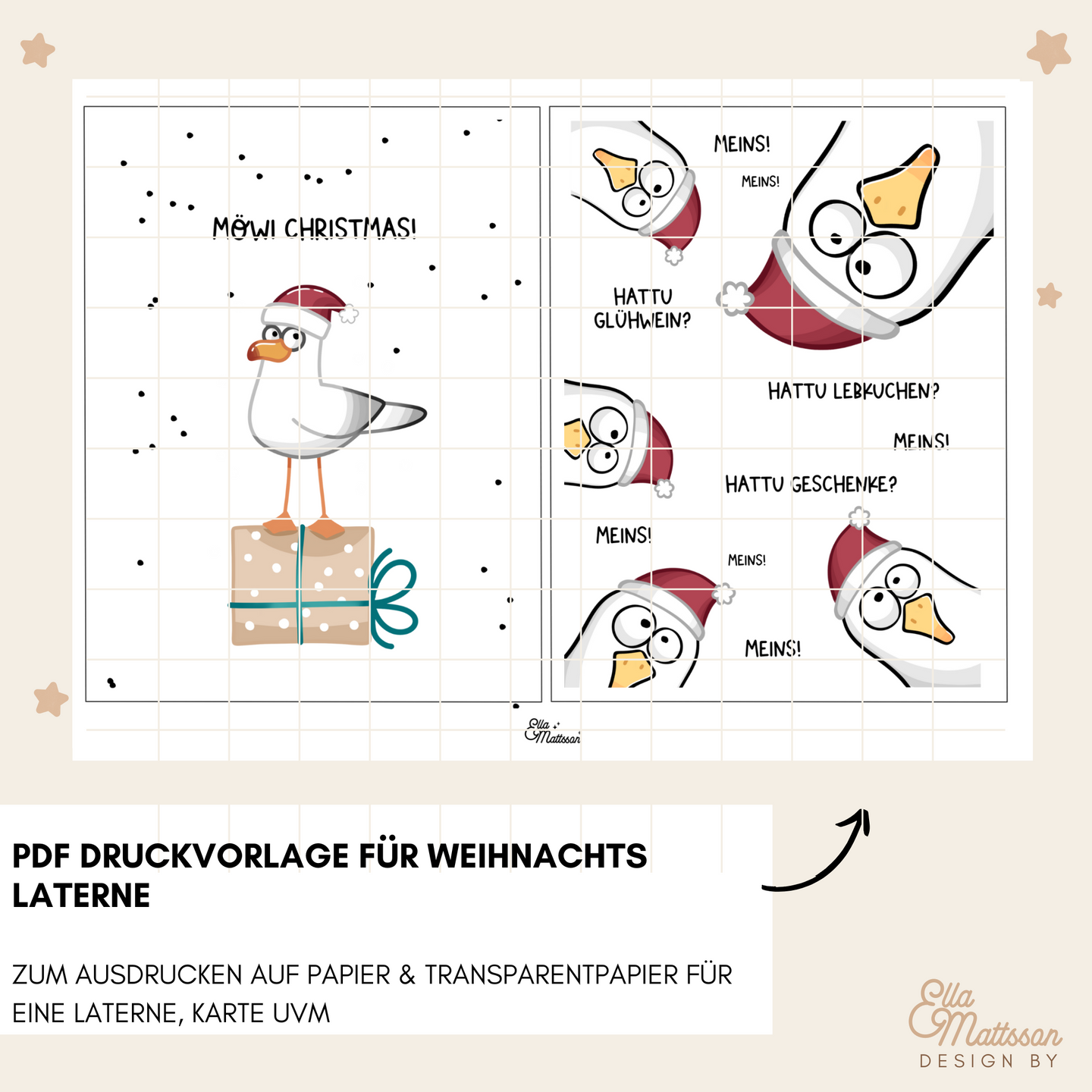 Humorvolle Möwi Christmas Laterne PDF von easy-sticks. Illustration eines fröhlichen Vogels mit Weihnachtsmütze auf einem Geschenk, ideal für kreative Weihnachtsdekoration und DIY-Projekte.