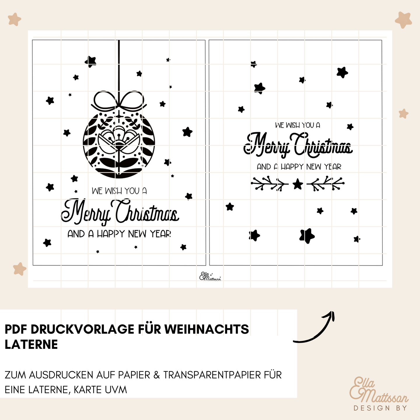 PDF-Druckvorlage für die Skandi Merry Christmas Kugel Laternen von easy-sticks, mit festlichem Design zum Ausdrucken auf Papier und Transparentpapier, ideal für Weihnachtsdekoration.