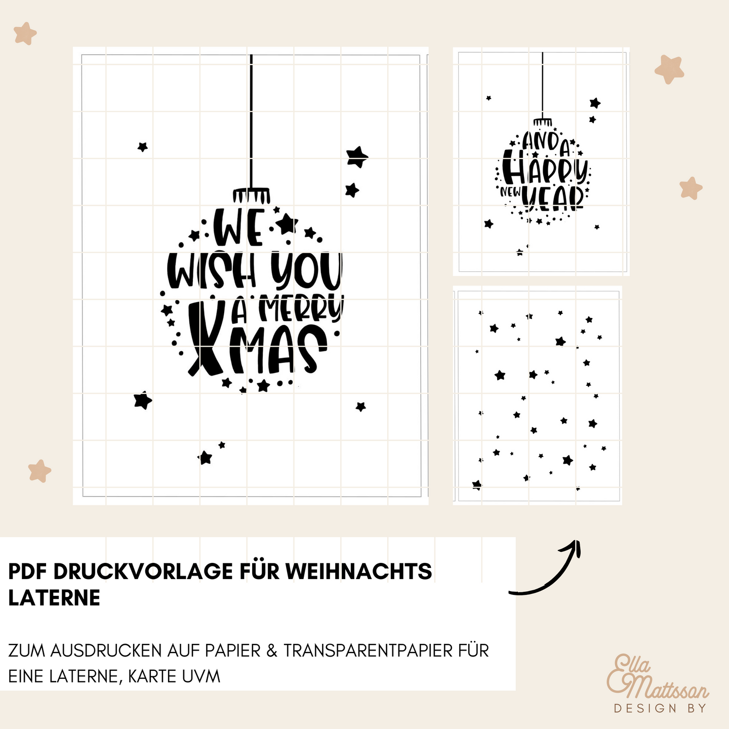 Dekorative Vorlage für eine Weihnachtslaterne mit dem Titel 'We Wish You a Merry Christmas and a Happy New Year' von easy-sticks. Die Grafik zeigt festliche Sterne und Botschaften, ideal für kreative DIY-Projekte.