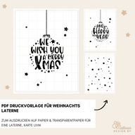 Dekorative Vorlage für eine Weihnachtslaterne mit dem Titel 'We Wish You a Merry Christmas and a Happy New Year' von easy-sticks. Die Grafik zeigt festliche Sterne und Botschaften, ideal für kreative DIY-Projekte.