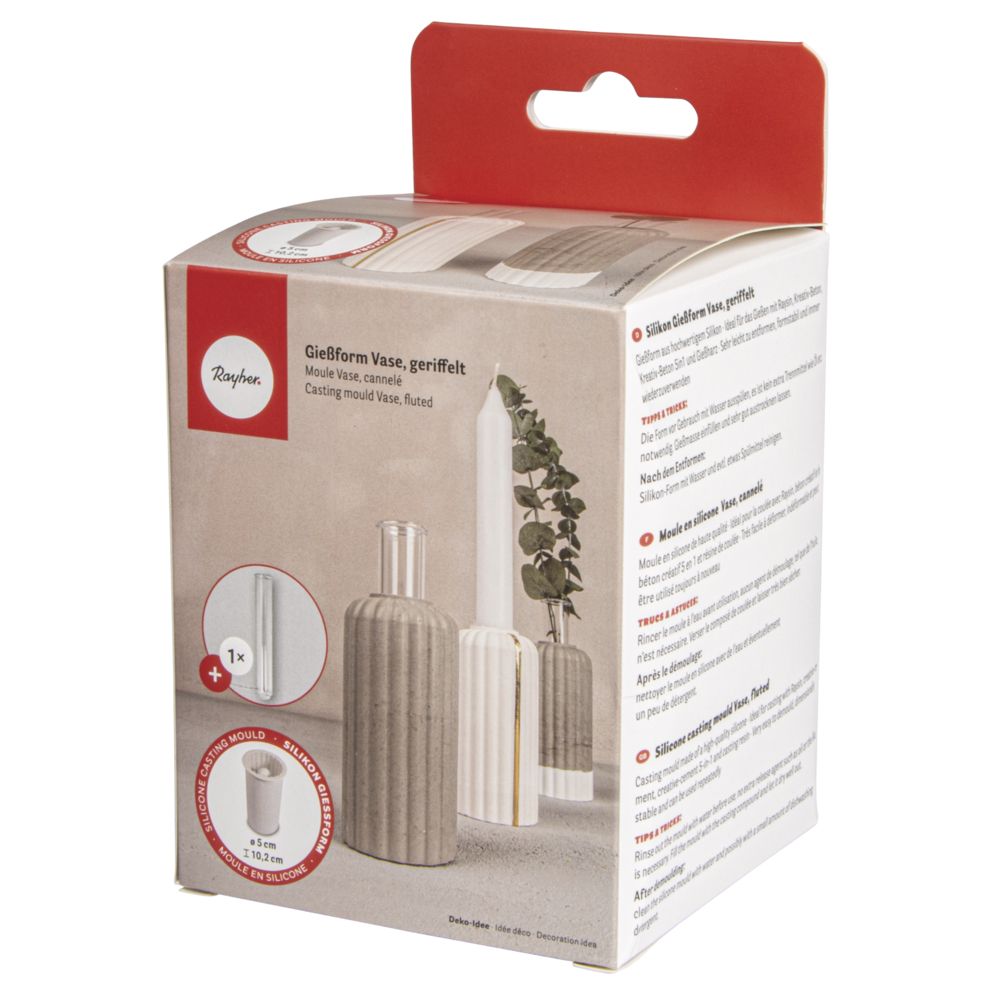 Verpackung der Silikonform "Vase geriffelt" von Easy-Sticks, zeigt eine elegante Gestaltungsidee für Wohnaccessoires mit einem enthaltenen Reagenzglas.