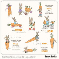 Bunte Digistamps von Easy-Sticks mit dem Titel 'Volle Möhre', zeigen fröhliche Osterhasen, die mit Möhren spielen und Ostern feiern.