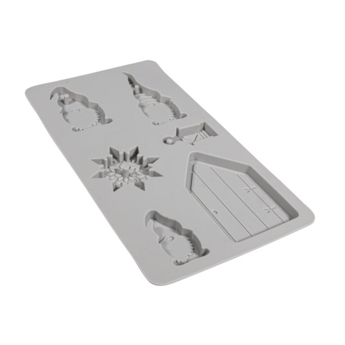 Detailaufnahme der Silikon Gießform Wichtel von easy-sticks, zeigt die sechs verschiedenen fröhlichen Weihnachtsmotive.