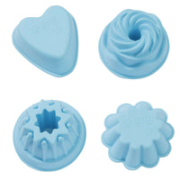 Buntes Silikonformen Set von easy-sticks, bestehend aus 4 verschiedenen Formen: ein Herz, eine Blumengussform und zwei verschiedene Kuchenformen für kreative Backideen.