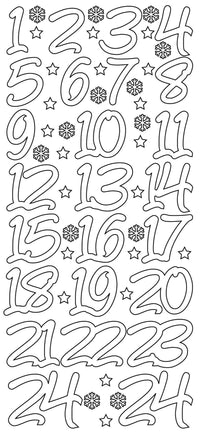 Ein Blatt mit Adventszahlen Stickern von 1 bis 24, dekoriert mit Schneeflocken und Sternen, ideal für kreative Weihnachtsdekorationen. Erhältlich von easy-sticks.