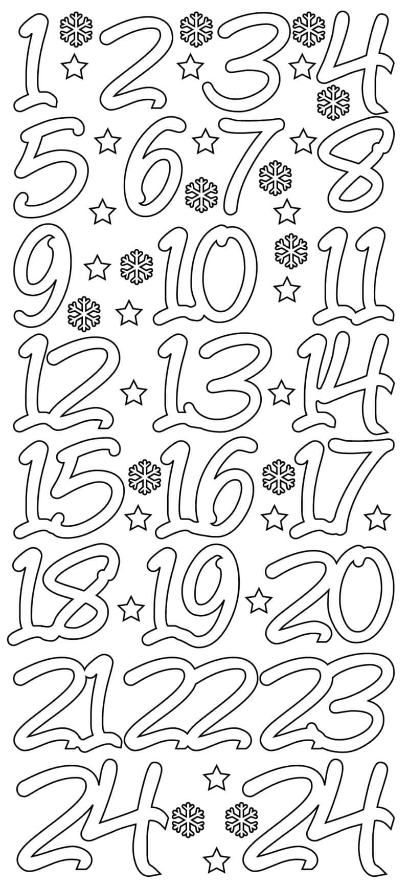 Ein Blatt mit Adventszahlen Stickern von 1 bis 24, dekoriert mit Schneeflocken und Sternen, ideal für kreative Weihnachtsdekorationen. Erhältlich von easy-sticks.