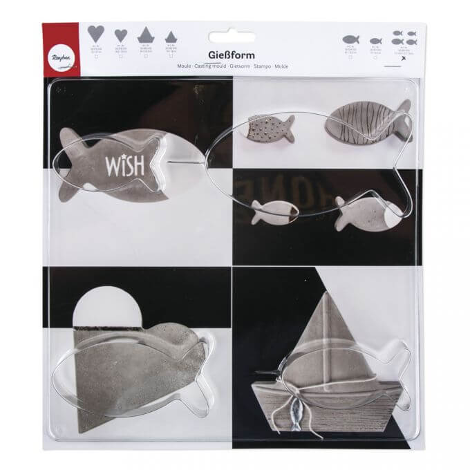 Gießform - Fische von Easy-Sticks, bestehend aus vier minimalistischen Fischformen in verschiedenen Größen, ideal für kreative DIY Projekte mit Beton, Wachs oder Seife.
