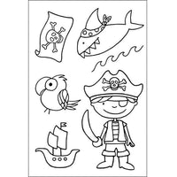 Buntes Piraten-Stempelset von easy-sticks, bestehend aus 6 transparenten Motiven, darunter ein Pirat mit Schwert, ein Schiff, ein Papagei und mehr, ideal für kreative Kindergeburtstagskarten.