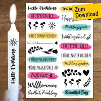 Schöne Kerzensticker von easy-sticks mit frühlingshaften Motiven, ideal zur Gestaltung von Kerzen für die Frühlingsdekoration – PDF Download mit 10 Motiven.