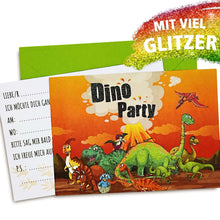Lade das Bild in den Galerie-Viewer, 12 Dinosaurier Einladungskarten zum Kindergeburtstag inkl. grünen Briefumschlägen (orange)
