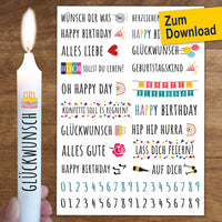 Kreative Kerzenstickervorlage von easy-sticks für Geburtstagsmotive, ideal für individuelle Stabkerzen im PDF-Format. Enthält Sprüche und bunte Designs für personalisierte Feiern.