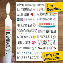 Lade das Bild in den Galerie-Viewer, Kerzenstickervorlage mit Geburtstagsmotiven für Stabkerzen als PDF zum Downloaden für Wasserschiebefolie

