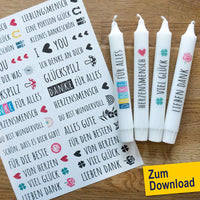Stabkerzen mit bunten Dankeschön- und Glücksmotiven von easy-sticks, ideal für festliche Anlässe. Kreative Kerzenstickervorlage zum Download.