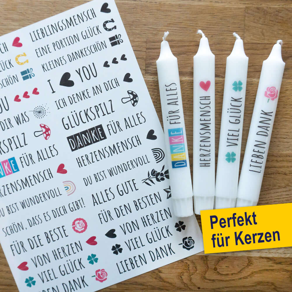 Kreative Gestaltung von Stabkerzen mit wasserschiebefolie von easy-sticks, perfekt zum Verleihen einer persönlichen Note.