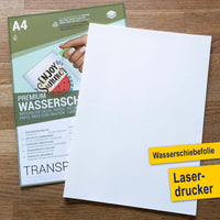 Produktbeschreibung der Wasserschiebefolie von easy-sticks, geeignet für Laserdrucker, ideal für kreative Bastelprojekte und individuelle Designs.