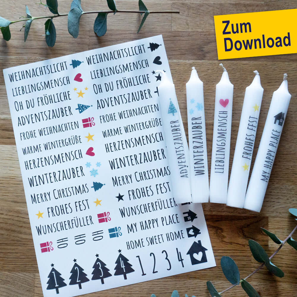 Weihnachtskerzen Sticker PDF Download von easy-sticks, kreative Aufkleber für Stabkerzen mit festlichen Motiven, ideal für die Weihnachtsdekoration.