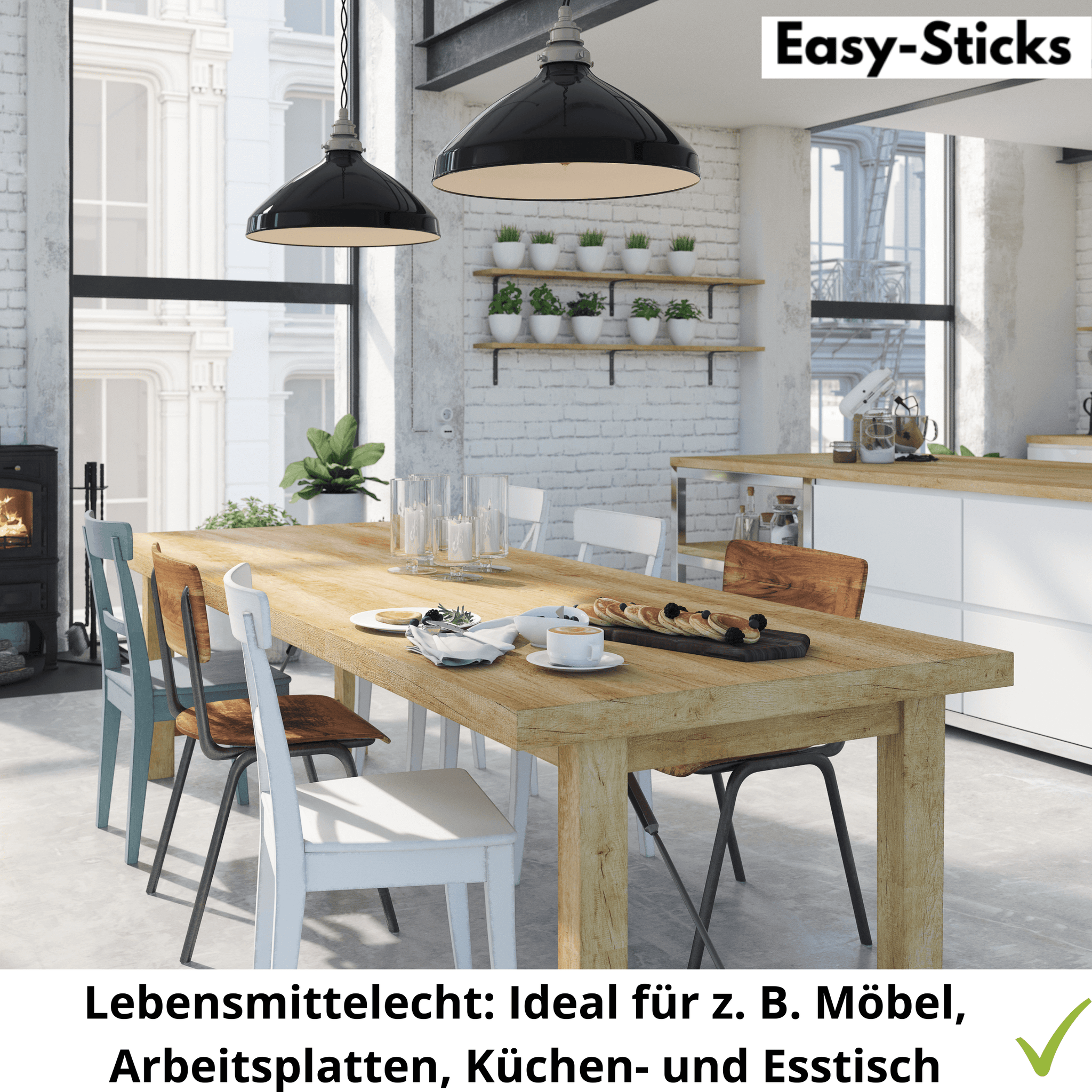 Ein heller, moderner Küchenraum mit einem rustikalen Holztisch, der für die Anwendung von Easy-Sticks Schutzöl geeignet ist. Ideal für Möbel, Arbeitsplatten und Esstische. Easy-Sticks Schutzöl - 0,5 L - Perfekt für Innen.