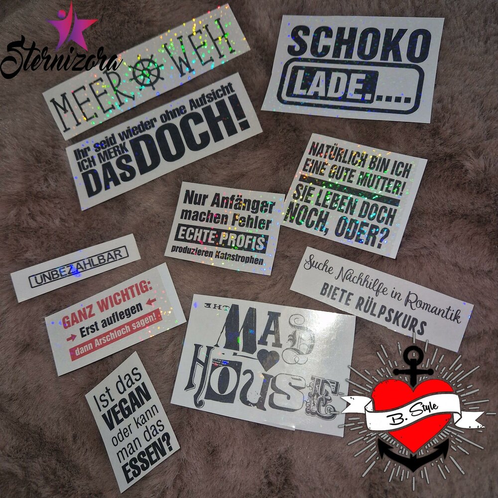 Holografische Aufkleber mit witzigen Sprüchen darauf, die Ihre Projekte aufpeppen. 100 Sticker zum Ausdrucken von easy-sticks.