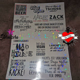 Kreative Sticker von easy-sticks: Vielfalt an Sprüchen und Designs auf einer bunten Printvorlage, perfekt für persönliche und DIY-Projekte. 100 Sticker zum Ausdrucken in PNG Dateien.