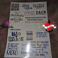 Kreative Sticker von easy-sticks: Vielfalt an Sprüchen und Designs auf einer bunten Printvorlage, perfekt für persönliche und DIY-Projekte. 100 Sticker zum Ausdrucken in PNG Dateien.