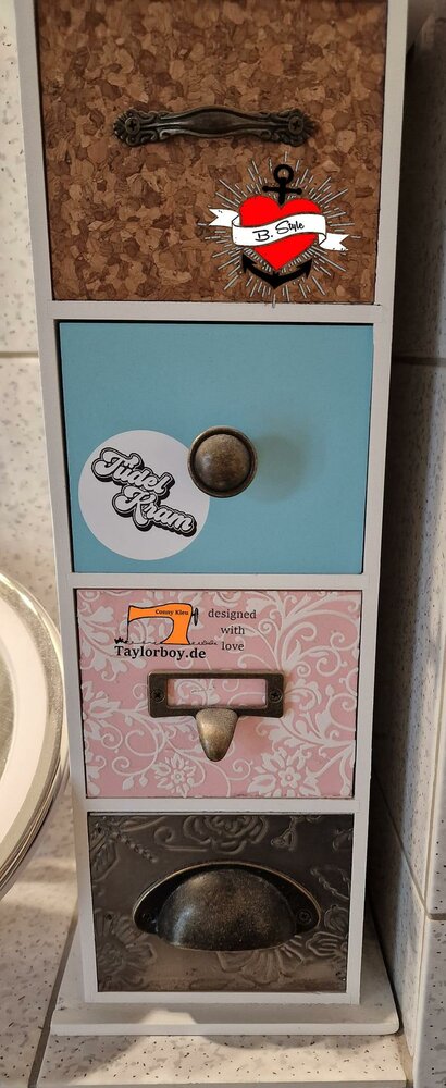 Ein dekorativer Aufbewahrungsschrank mit bunten Schubladen und Aufkleber von "Fritzel Raum". 100 Sticker zum Ausdrucken von easy-sticks.