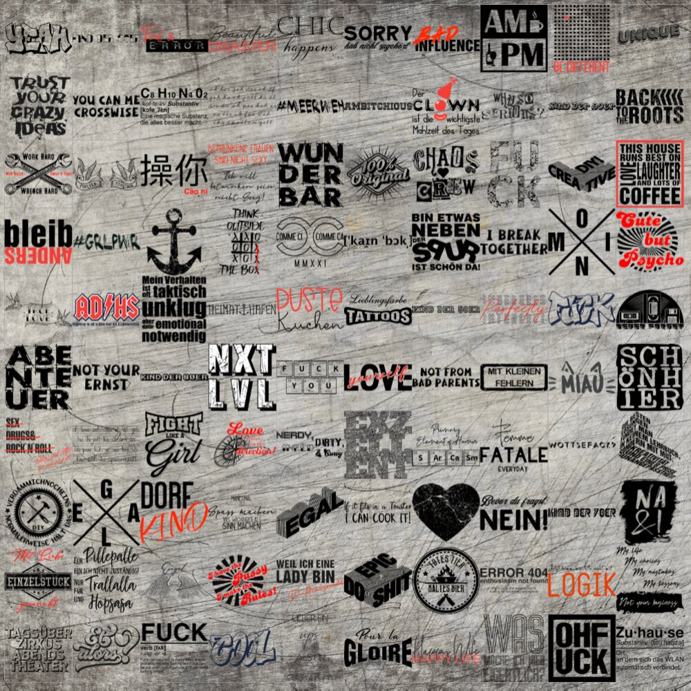 Eine kreative Sammlung von 100 Stickern im PNG-Format von easy-sticks. Diese Sticker mit inspirierenden und humorvollen Sprüchen auf einer Holzhintergrund-Verkleidung eignen sich perfekt für jeden kreativen Druck- und Bastelprojekt.