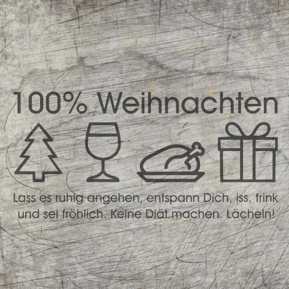 Kreative 100% Weihnachten Plotterdatei von easy-sticks. Grafik mit Weihnachtsbaum, Weinglas, Geflügel und Geschenk, die zum Entspannen und Feiern einlädt.