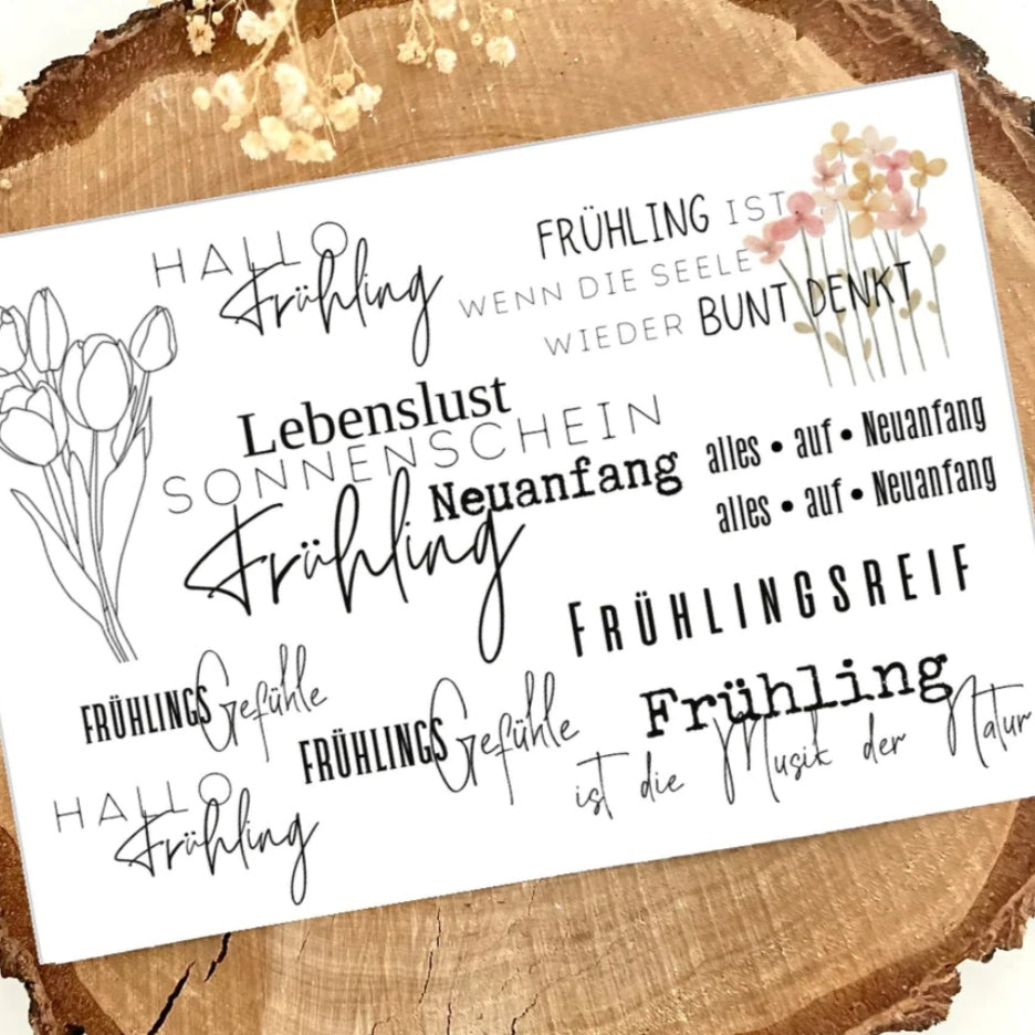 Rub On UV Sticker randlos Frühling von easy-sticks - Ein kreatives Design mit Frühlingsmotiven, Schriftzügen und floralen Elementen für DIY-Projekte und Dekoration.