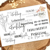 Rub On UV Sticker randlos Frühling von easy-sticks - Ein kreatives Design mit Frühlingsmotiven, Schriftzügen und floralen Elementen für DIY-Projekte und Dekoration.