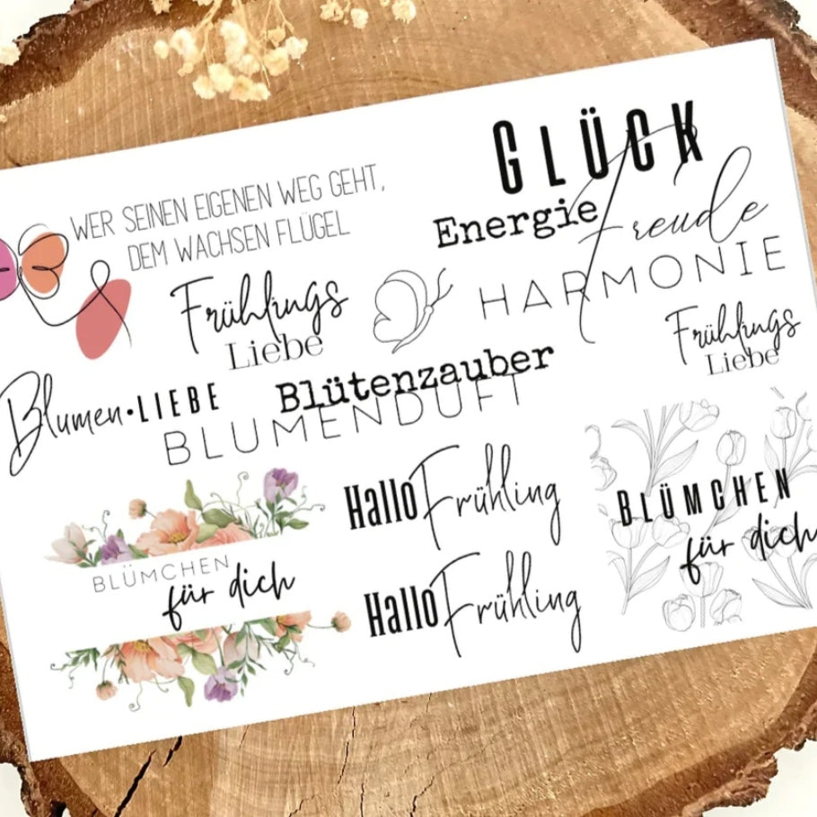 Frühling Rub On UV Sticker von easy-sticks mit verschiedenen floralen Designs und Sprüchen für kreative DIY Projekte, randlos gestaltet.