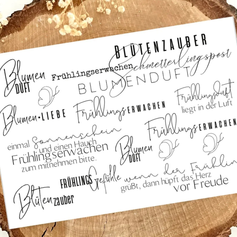 Frühling inspirierte Rub On UV Sticker von easy-sticks, enthält Designs mit Blumen und frühlingshaften Sprüchen, perfekt für DIY Projekte.