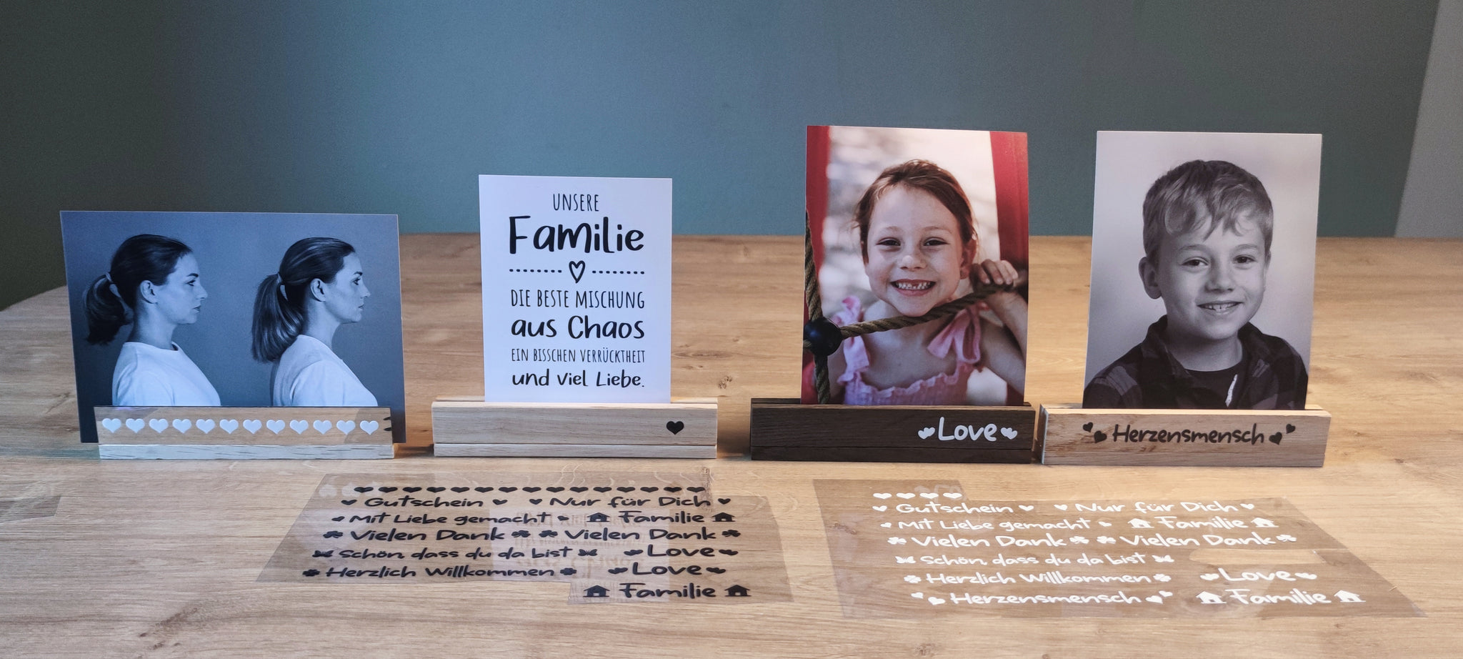 Kreative Verwendung der Easy-Sticks Rub Ons A5 mit verschiedenen Sprüchen in einem stilvollen Arrangement, perfekt für persönliche Dekorationen von easy-sticks.