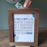 Kreative Wunscherfüller Spardose in Blau von easy-sticks mit aufgedrucktem Sparplan zur Verwirklichung von Geldgeschenken. Perfekte Geschenkidee für Jungen.