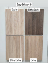 Easy-Sticks Muster Set - Ideal zum Kennenlernen: Detaillierte Darstellung der Holzarten Esche, Eiche Dark, Shine Eiche und Eiche in vier separaten Abschnitten.